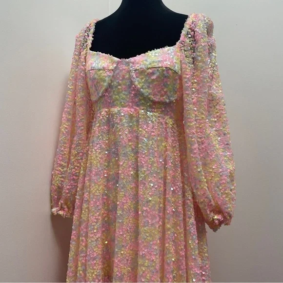 Selkie- Rainbow Sequin Princess Gown Size XS 3/4 Sleeve Sweetheart Maxi Dress - Picture 10 of 16